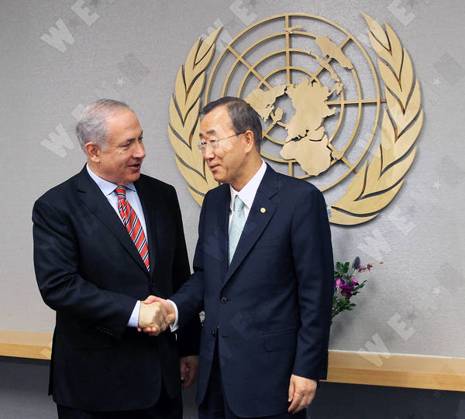 Israeli Prime Minister Benjamin Netanyahu meets with U.N. Secretary-General Ban Ki-moon to discuss issues including Israeli-Palestinian peace-making efforts., New York City, United States WENN 5511021
