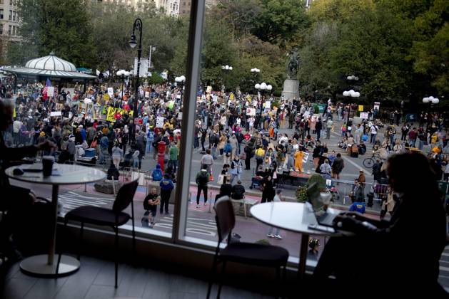 October 18, 2025, New York, New York, USA: Protesters march down Broadway during the Ã¢â‚¬oeNo KingsÃ¢â‚¬Â rally in New York, Saturday, Oct. 18, 2025. The demonstration began in Times Square and ended in Union Square, drawing an estimated 50,000 people who joined others across the country calling for the protection of democratic institutions and denouncing authoritarian leadership. Organizers said more than 5 million people participated in over 2,000 marches nationwide. New York USA - ZUMAa306 20251018_znp_a306_007 Copyright: xJavierxAlvarezx