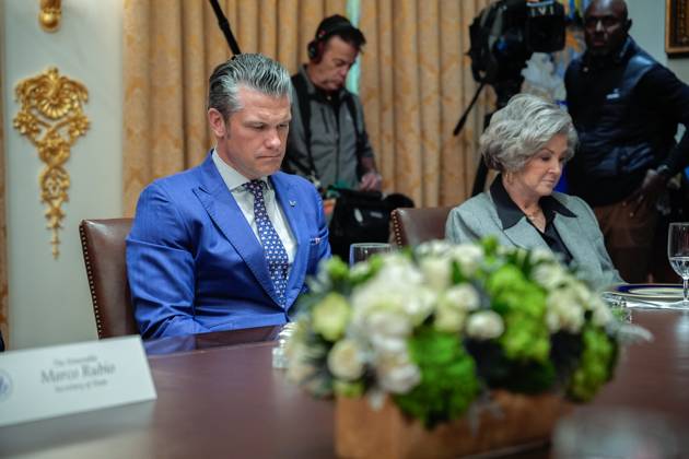 United States Secretary of War Pete Hegseth, left, and White House Chief of Staff Susie Wiles listen as US President Donald J Trump meets with Prime Minister Anthony Albanese of Australia in the Cabinet Room of the White House in Washington, DC, USA, on October 20, 2025. The two leaders signed a multibillion-dollar, rare-earth and critical minerals deal involving the mining, processing and export of these minerals between Australia and the US. Copyright: xYurixGripasx xPoolxviaxCNPx MediaPunchx