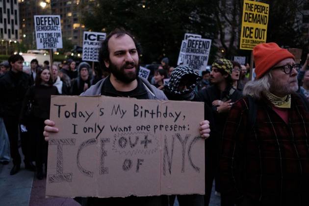 October 22, 2025, New York, New York, USA: A protester holds a sign saying Ã¢â‚¬oeTodayÃ¢â‚¬â ¢s My Birthday, I only want one present: ICE out of NYCÃ¢â‚¬Â during a demonstration at Foley Square, in New York, on Wednesday, Oct. 22, 2025. This response comes after more than 50 federal agents arrested immigrant vendors at Canal Street, lower Manhattan, on Tuesday. New York USA - ZUMAs368 20251022_zip_s368_012 Copyright: xMarcoxPostigoxStorelx