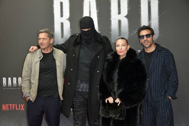 Paco Luca Nitsche, Aykut Anhan aka Haftbefehl, Nina Anhan and Elyas M Barek at the special screening of the Netflix documentary Babo The Haftbefehl Story in the Astor Film Lounge Berlin, 24 10 2025 Foto:xM.xBehrensx xFuturexImagex babo_5042