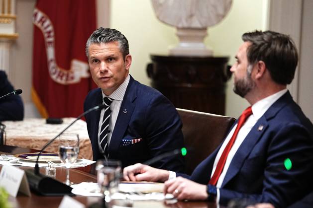 United States Secretary of War Pete Hegseth (L) speaks as US Vice President JD Vance (R) looks on during a bilateral lunch with Prime Minister of Hungary Viktor Orban and US President Donald J Trump in the Cabinet Room of the White House in Washington, DC, USA, on Friday, November 7, 2025. Copyright: xCNPx xMediaPunchx