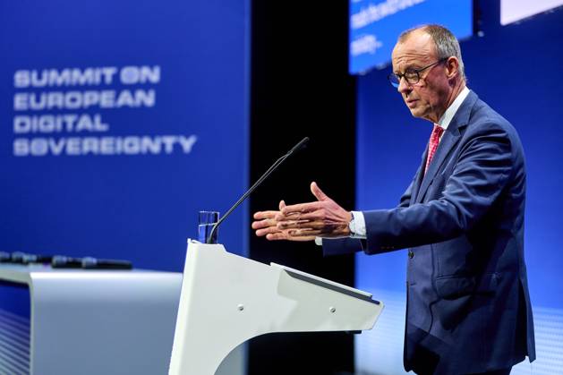 Federal Chancellor Friedrich Merz speaks at the Summit on European Digital Sovereignty Summit on European Digital Sovereignty at the EUREF Campus Berlin Federal Chancellor Friedrich Merz speaks at the Summit on European Digital Sovereignty at the EUREF Campus Berlin snapshot photography F Boillot