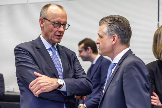 Parliamentary group meeting CDU CSU Federal Chancellor Friedrich Merz CDU and Thorsten Frei CDU , Minister of the Chancellery, at a parliamentary group meeting on 16 12 2025 in Berlin Berlin Berlin Germany Bundestag