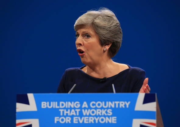 British Conservative Party Annual Conference 2017 MANCHESTER, UNITED KINGDOM - OCTOBER 04: British Prime Minister and leader of the Conservative Party Theresa May MP speaks during her keynote speech on the final day of the annual Conservative Party Conference in Manchester, north west England on October 04, 2017. Manchester Ingiltere. Editorial use only. Please get in touch for any other usage.  Copyright: x2025xAnadoluxLindseyxParnabyx