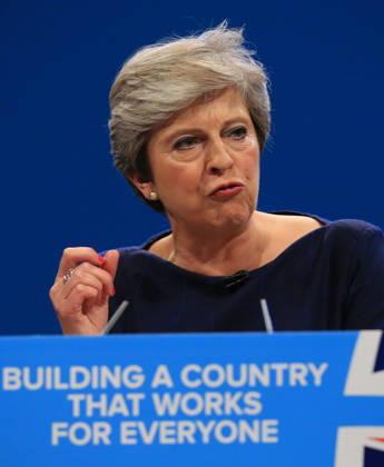 British Conservative Party Annual Conference 2017 MANCHESTER, UNITED KINGDOM - OCTOBER 04: British Prime Minister and leader of the Conservative Party Theresa May MP speaks during her keynote speech on the final day of the annual Conservative Party Conference in Manchester, north west England on October 04, 2017. Manchester Ingiltere. Editorial use only. Please get in touch for any other usage.  Copyright: x2025xAnadoluxLindseyxParnabyx