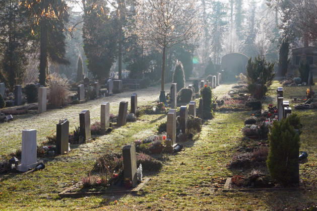 German Cemetery culture, Tomb field with Gravestones at Backlight, Urn graves, Cemetery at Winter 1131607320