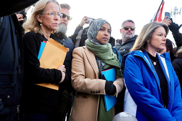 January 10, 2026: From left, U.S. Representatives Kelly Morrison, Ilhan Omar and Angie Craig stand outside the the Whipple Federal building in Fort Snelling, Minnesota, on Saturday, Jan. 10, 2026. The lawmakers were seeking to gain entry to the ICE detention facility there. - ZUMAm67_ 20260110_zaf_m67_005 Copyright: xElizabethxFloresx