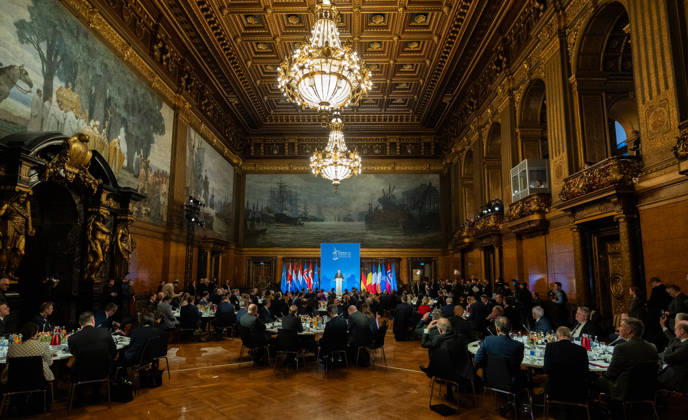 Federal Chancellor Friedrich Merz gives a speech in Hamburg City Hall to the participants of the 3rd North Sea Summit 2026 in Hamburg, Germany 3 North Sea Summit 2026 in Hamburg, Germany, Hamburg Hamburg Germany City Hall, Townhall