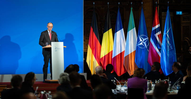 Federal Chancellor Friedrich Merz gives a speech in Hamburg City Hall to the participants of the 3rd North Sea Summit 2026 in Hamburg, Germany 3 North Sea Summit 2026 in Hamburg, Germany, Hamburg Hamburg Germany City Hall, Townhall