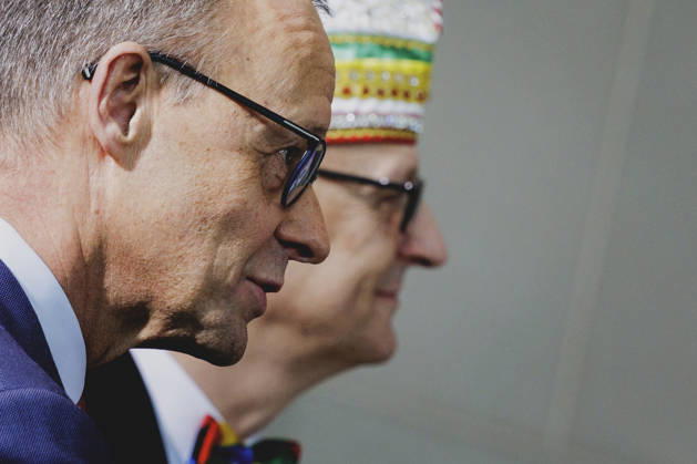 L R Friedrich Merz CDU , Federal Chancellor, and Klaus Ludwig Fess, President of the Bund Deutscher Karneval e V , taken during the traditional carnival reception at the Federal Chancellery in Berlin, 03 02 2026 Berlin Germany Copyright: xFlorianxGaertnerx