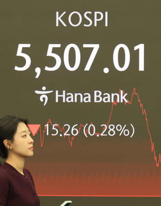 KOSPI falls KOSPI falls A financial data screen in the dealing room of Hana Bank in Seoul on Feb. 13, 2026, shows the benchmark Korea Composite Stock Price Index having slipped 8.56 points, or 0.16 percent, to close at 5,507.01. South Korean stocks closed lower, snapping a four-day winning streak despite briefly touching a fresh high during midday trading, as investors braced for a five-day closure of the market for the Lunar New Year holiday. (Yonhap) 2026-02-13 16:11:37 < 1980-2026 YONHAPNEWS AGENCY. .> ¼¿ïƯº°½Ã EDITORIAL USE ONLY Copyright: xx PYH2026021316390031500 YonhapxNewsx yonphotos249749