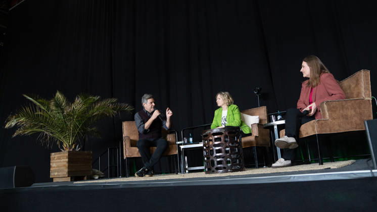 Former Federal Minister of Economics Robert Habeck in the election campaign for the state election, with Katrin Eder, top candidate and Minister for Climate Protection, Environment, Energy and Mobility of Rhineland-Pala