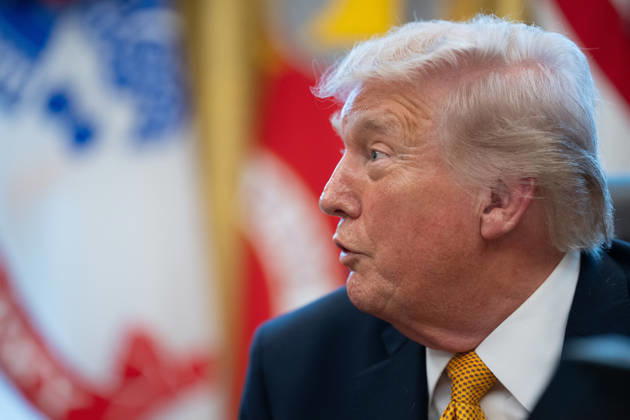 President Donald Trump gives remarks to the media during executive order signing event in the Oval Office of the White House in Washington, DC on Monday, March 16, 2026. The order will formally launch a task force, led by Vice President JD Vance, to investigate fraud nationwide. WAP20260316030 AARONxSCHWARTZ