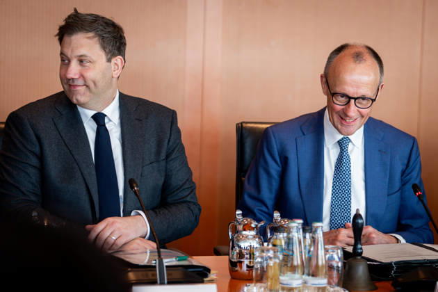 Meeting of the Federal Cabinet Current,18 03 2026 Berlin, Federal Chancellor Friedrich Merz CDU laughing together with Lars Klingbeil, Federal Minister of Finance, Vice Chancellor in the run-up to the cabinet meeting, meeting of the Federal Cabinet in the Federal Chancellery in Berlin Berlin Berlin Germany