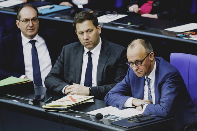 R L Friedrich Merz CDU , Federal Chancellor, Lars Klingbeil, Federal Minister of Finance, and Alexander Dobrindt CSU , Federal Minister of the Interior, recorded during the debate on the government declaration in the German Bundestag in Berlin, 18 03 2026 Berlin Germany Copyright: xFlorianxGaertnerx