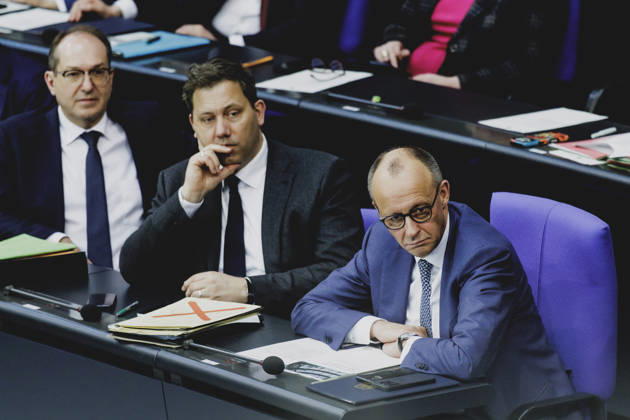 R L Friedrich Merz CDU , Federal Chancellor, Lars Klingbeil, Federal Minister of Finance, and Alexander Dobrindt CSU , Federal Minister of the Interior, recorded during the debate on the government declaration in the German Bundestag in Berlin, 18 03 2026 Berlin Germany Copyright: xFlorianxGaertnerx