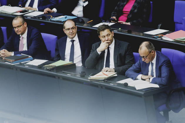 R L Friedrich Merz CDU , Federal Chancellor, Lars Klingbeil, Federal Minister of Finance, Alexander Dobrindt CSU , Federal Minister of the Interior, and Gunther Krichbaum, Minister of State in the Federal Ministry of Foreign Affairs, recorded during the debate on the government declaration in the German Bundestag in Berlin, 18 03 2026 Berlin Germany Copyright: xFlorianxGaertnerx