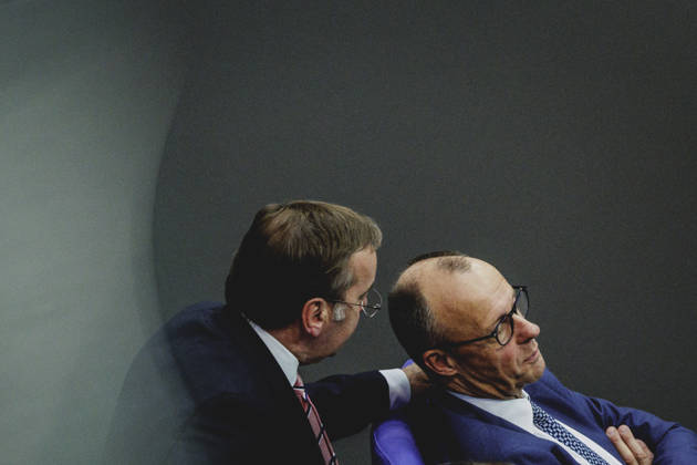 R L Friedrich Merz CDU , Federal Chancellor, and Boris Pistorius SPD , Federal Minister of Defense, recorded during the debate on the government declaration in the German Bundestag in Berlin, 18 03 2026 Berlin Germany Copyright: xFlorianxGaertnerx