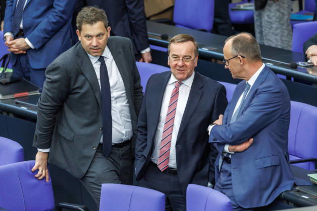 Bundestag Lars Klingbeil SPD , Federal Minister of Finance, Boris Pistorius SPD , Federal Minister of Defense and Federal Chancellor Friedrich Merz CDU , in the German Bundestag on 18 03 26 in Berlin Berlin Berlin Germany Bundestag