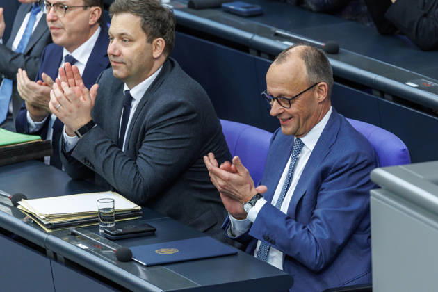 Bundestag Lars Klingbeil SPD , Federal Minister of Finance and Federal Chancellor Friedrich Merz CDU in the German Bundestag on 18 03 26 in Berlin Berlin Berlin Germany Bundestag