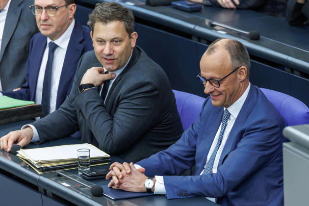 Bundestag Lars Klingbeil SPD , Federal Minister of Finance and Federal Chancellor Friedrich Merz CDU in the German Bundestag on 18 03 26 in Berlin Berlin Berlin Germany Bundestag