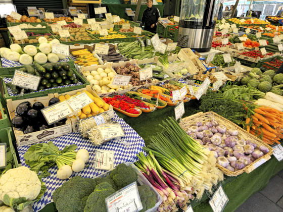 Fruit and vegetable market at the Viktualienmarkt in Munich The display of a fruit and vegetable vendor at the Viktualienmarkt in Munich with fresh produce FOR EDITORIAL USE ONLY