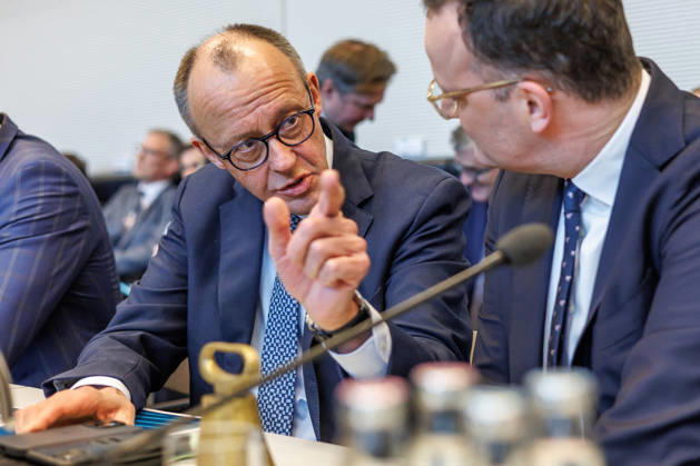Parliamentary group meeting CDU CSU Federal Chancellor Friedrich Merz CDU and Jens Spahn at a parliamentary group meeting on 24 03 26 in Berlin Berlin Berlin Germany Bundestag