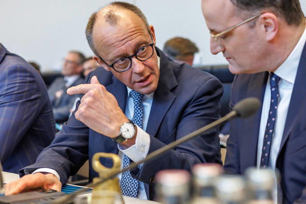 Parliamentary group meeting CDU CSU Federal Chancellor Friedrich Merz CDU and Jens Spahn at a parliamentary group meeting on 24 03 26 in Berlin Berlin Berlin Germany Bundestag