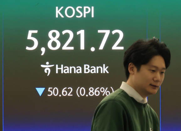 KOSPI falls KOSPI falls A financial data screen in the dealing room of Hana Bank in Seoul on April 9, 2026, shows the benchmark Korea Composite Stock Price Index having logged an intraday low of 5,821.72, down 0.86 percent from the previous session, in early trading. South Korean stocks opened lower as investors still doubt whether a ceasefire deal between the U.S. and Iran will proceed amid woes over different versions of the agreement terms. (Yonhap) 2026-04-09 09:28:29 < 1980-2026 YONHAPNEWS AGENCY. .> ¼¿ïƯº°½Ã EDITORIAL USE ONLY Copyright: xx PYH2026040902700031500 YonhapxNewsx yonphotos251263