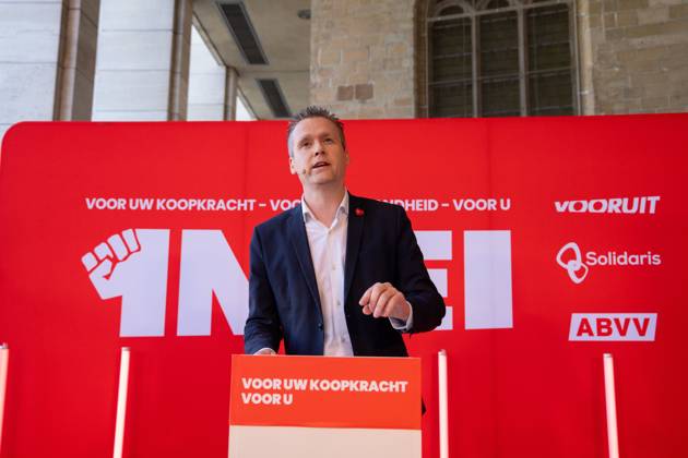 FGTB-ABVV chairman Bert Engelaar pictured at a meeting of Flemish socialist party Vooruit, socialist social insurance company Solidaris and socialist trade union ABVV, on Thursday 30 April 2026 in Brussels, the eve of Labour Day on May 1st, the International Workers Day. MARIUS BURGELMAN MariusxBurgelman 172490421