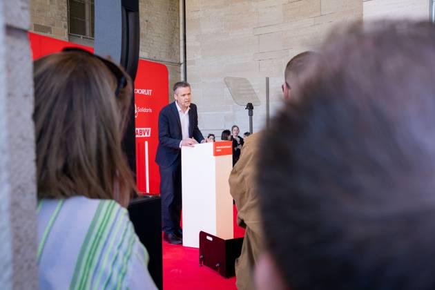 FGTB-ABVV chairman Bert Engelaar pictured at a meeting of Flemish socialist party Vooruit, socialist social insurance company Solidaris and socialist trade union ABVV, on Thursday 30 April 2026 in Brussels, the eve of Labour Day on May 1st, the International Workers Day. MARIUS BURGELMAN MariusxBurgelman 172490766