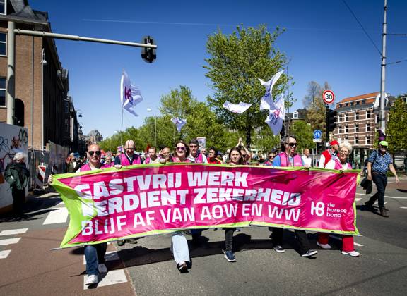 AMSTERDAM - Demonstrators during an FNV march against the coalition agreement on Labour Day. The union believes that Europe is scaling back legislation and regulations that protect workers too much. SEM VAN DER WAL ANP netherlands out - belgium out  Copyright: xx x557208806x originalFilename: 557208806