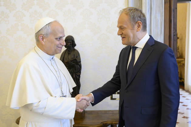 ITALY- REL VATICAN -POPE LEO XVI DURING A PRIVATE AUDIENCE WITH HIS EXCELLENCY MR.DONALD TUSK, PRIME MINISTER OF THE REPUBLIC OF POLAND AT THE VATICAN May 7, 2026 ITALY REL - Vatican,May 7, 2026: Pope Leo VIX during a private audience with His Excellency Mr. Donald Tusk, Prime Minister of the Republic of Poland, at the Vatican. EDITORIAL USE ONLY - NO BOOKS Copyright: xVATICANxMEDIAx xCatholicxPressxPhotox