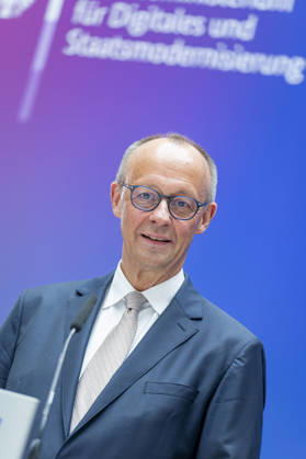 Friedrich Merz EUR, Germany, Berlin, 07 05 2026 Greeting by Federal Chancellor Friedrich Merz CDU at the festive event of the Federal Ministry for Digital and State Modernization on the occasion of its first anniversary In the presence of Karsten Wildberger CDU , Federal Minister for Digital and State Modernization Joint visit of the exhibitors
