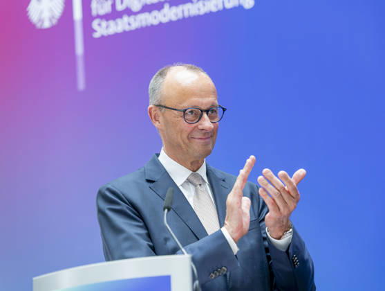 Friedrich Merz EUR, Germany, Berlin, 07 05 2026 Greeting by Federal Chancellor Friedrich Merz CDU at the festive event of the Federal Ministry for Digital and State Modernization on the occasion of its first anniversary In the presence of Karsten Wildberger CDU , Federal Minister for Digital and State Modernization Joint visit of the exhibitors