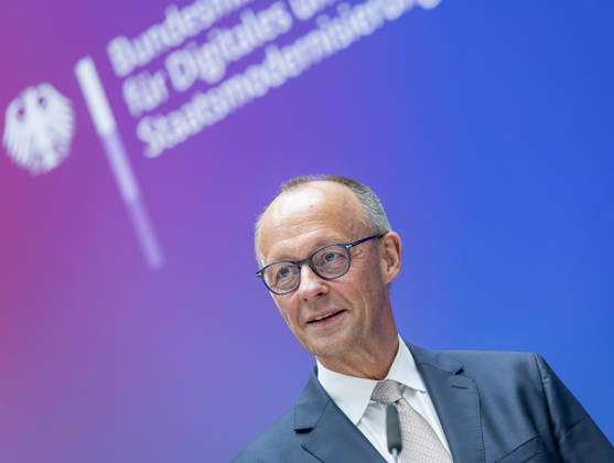 Friedrich Merz EUR, Germany, Berlin, 07 05 2026 Greeting by Federal Chancellor Friedrich Merz CDU at the festive event of the Federal Ministry for Digital and State Modernization on the occasion of its first anniversary In the presence of Karsten Wildberger CDU , Federal Minister for Digital and State Modernization Joint visit of the exhibitors