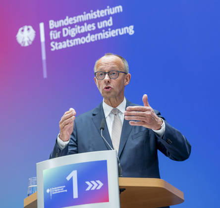 Friedrich Merz EUR, Germany, Berlin, 07 05 2026 Greeting by Federal Chancellor Friedrich Merz CDU at the festive event of the Federal Ministry for Digital and State Modernization on the occasion of its first anniversary In the presence of Karsten Wildberger CDU , Federal Minister for Digital and State Modernization Joint visit of the exhibitors