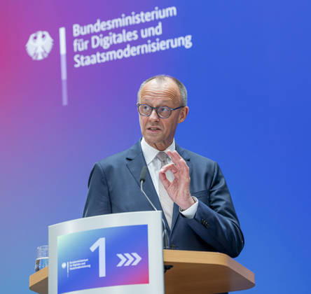Friedrich Merz EUR, Germany, Berlin, 07 05 2026 Greeting by Federal Chancellor Friedrich Merz CDU at the festive event of the Federal Ministry for Digital and State Modernization on the occasion of its first anniversary In the presence of Karsten Wildberger CDU , Federal Minister for Digital and State Modernization Joint visit of the exhibitors