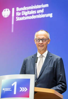 Friedrich Merz EUR, Germany, Berlin, 07 05 2026 Greeting by Federal Chancellor Friedrich Merz CDU at the festive event of the Federal Ministry for Digital and State Modernization on the occasion of its first anniversary In the presence of Karsten Wildberger CDU , Federal Minister for Digital and State Modernization Joint visit of the exhibitors