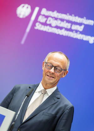 Friedrich Merz EUR, Germany, Berlin, 07 05 2026 Greeting by Federal Chancellor Friedrich Merz CDU at the festive event of the Federal Ministry for Digital and State Modernization on the occasion of its first anniversary In the presence of Karsten Wildberger CDU , Federal Minister for Digital and State Modernization Joint visit of the exhibitors