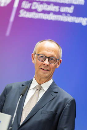Friedrich Merz EUR, Germany, Berlin, 07 05 2026 Greeting by Federal Chancellor Friedrich Merz CDU at the festive event of the Federal Ministry for Digital and State Modernization on the occasion of its first anniversary In the presence of Karsten Wildberger CDU , Federal Minister for Digital and State Modernization Joint visit of the exhibitors
