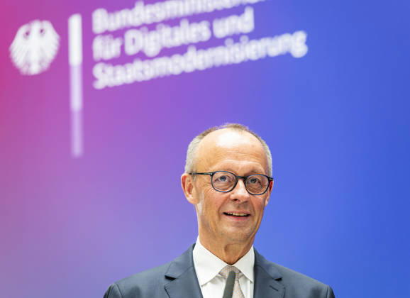 Friedrich Merz EUR, Germany, Berlin, 07 05 2026 Greeting by Federal Chancellor Friedrich Merz CDU at the festive event of the Federal Ministry for Digital and State Modernization on the occasion of its first anniversary In the presence of Karsten Wildberger CDU , Federal Minister for Digital and State Modernization Joint visit of the exhibitors