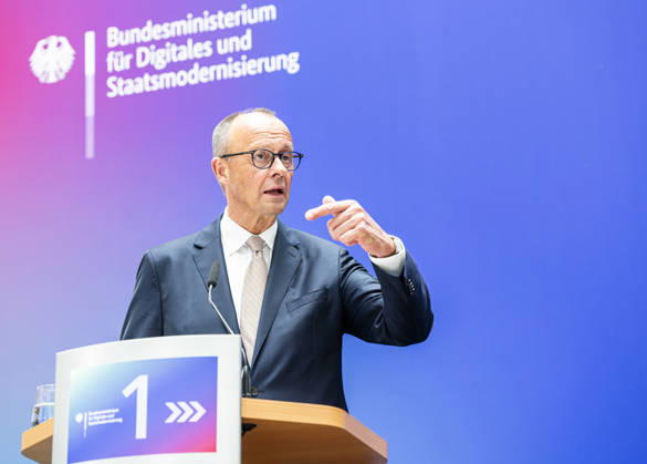 Friedrich Merz EUR, Germany, Berlin, 07 05 2026 Greeting by Federal Chancellor Friedrich Merz CDU at the festive event of the Federal Ministry for Digital and State Modernization on the occasion of its first anniversary In the presence of Karsten Wildberger CDU , Federal Minister for Digital and State Modernization Joint visit of the exhibitors