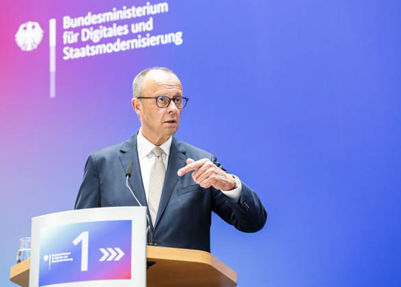 Friedrich Merz EUR, Germany, Berlin, 07 05 2026 Greeting by Federal Chancellor Friedrich Merz CDU at the festive event of the Federal Ministry for Digital and State Modernization on the occasion of its first anniversary In the presence of Karsten Wildberger CDU , Federal Minister for Digital and State Modernization Joint visit of the exhibitors