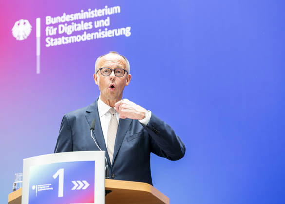 Friedrich Merz EUR, Germany, Berlin, 07 05 2026 Greeting by Federal Chancellor Friedrich Merz CDU at the festive event of the Federal Ministry for Digital and State Modernization on the occasion of its first anniversary In the presence of Karsten Wildberger CDU , Federal Minister for Digital and State Modernization Joint visit of the exhibitors