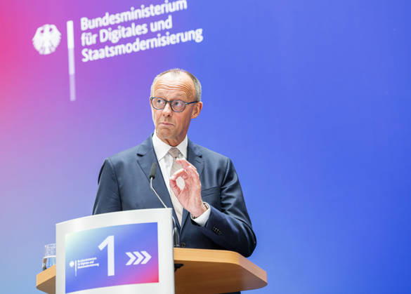 Friedrich Merz EUR, Germany, Berlin, 07 05 2026 Greeting by Federal Chancellor Friedrich Merz CDU at the festive event of the Federal Ministry for Digital and State Modernization on the occasion of its first anniversary In the presence of Karsten Wildberger CDU , Federal Minister for Digital and State Modernization Joint visit of the exhibitors