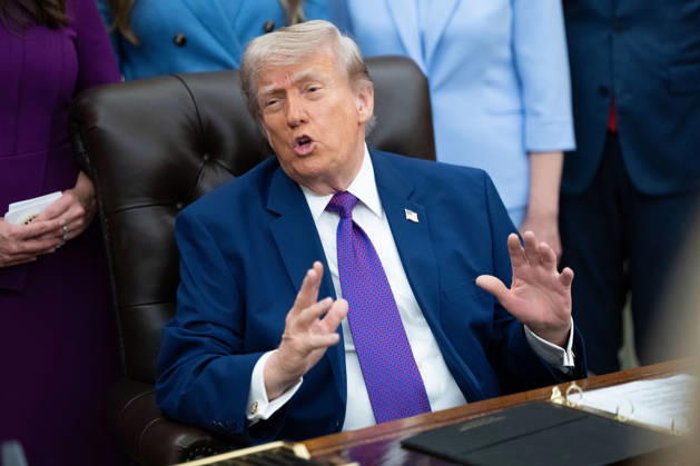 President Donald Trump gives remarks during an event promoting maternal healthcare in the Oval Office of the White House in Washington, DC on Monday, May 11, 2026. President Trump is meeting with healthcare workers as his administration launches Moms.gov to highlight resources for unexpected pregnancies. WAX20260511206 AaronxSchwartz