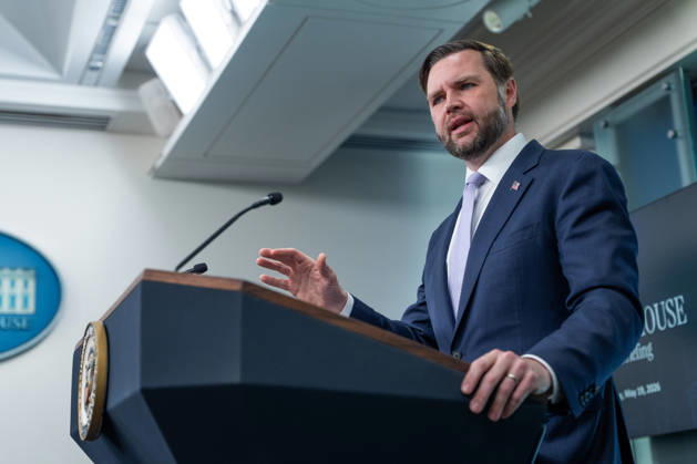 Vice President JD Vance gives remarks during a press conference in the James Brady Press Briefing Room of the White House in Washington, DC on Tuesday, May 19, 2026. Vance defended the creation of a $1.8 billion Department of Justice fund that would compensate certain individuals who were investigated and prosecuted by the Biden Administration.  WAP20250519016 AARONxSCHWARTZ