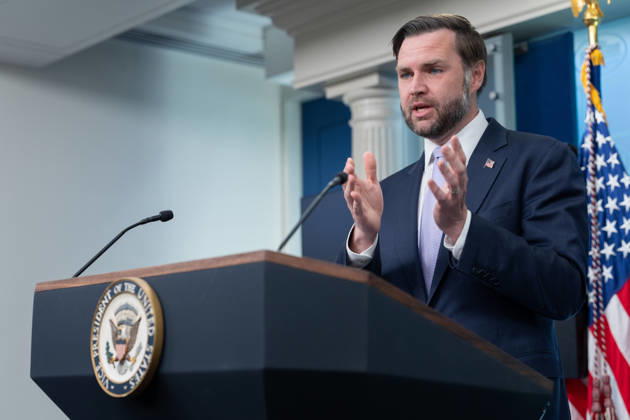 Vice President JD Vance gives remarks during a press conference in the James Brady Press Briefing Room of the White House in Washington, DC on Tuesday, May 19, 2026. Vance defended the creation of a $1.8 billion Department of Justice fund that would compensate certain individuals who were investigated and prosecuted by the Biden Administration.  WAP20250519038 AARONxSCHWARTZ